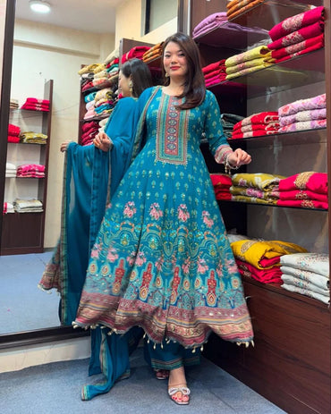 Vastra Creation's Rajasthani Full Anarkali Latkan Lace Round Set – 3 Piece