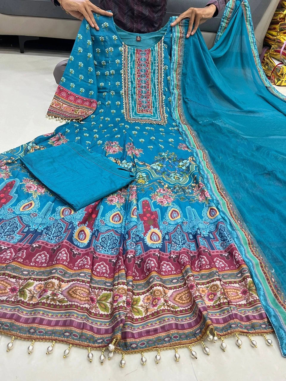 Vastra Creation's Rajasthani Full Anarkali Latkan Lace Round Set – 3 Piece
