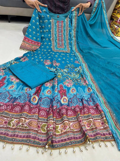 Vastra Creation's Rajasthani Full Anarkali Latkan Lace Round Set – 3 Piece