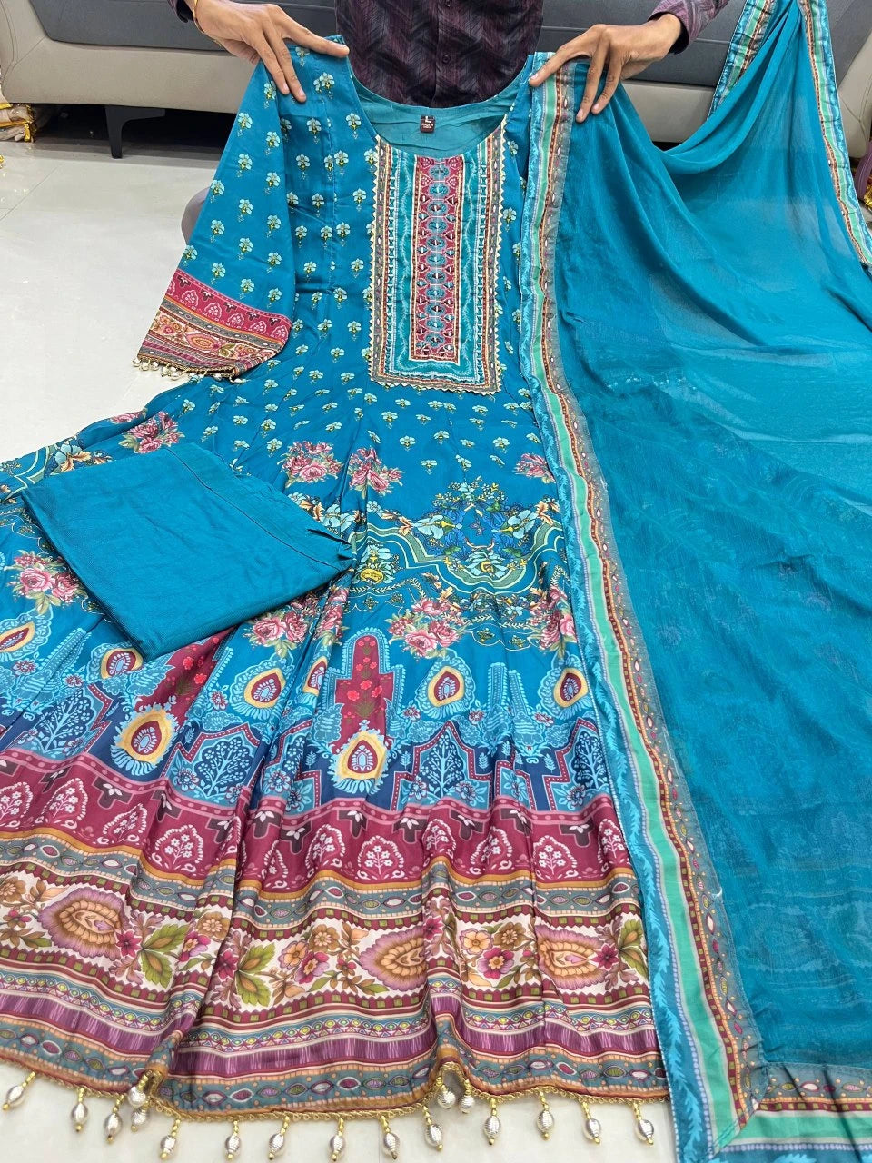 Vastra Creation's Rajasthani Full Anarkali Latkan Lace Round Set – 3 Piece
