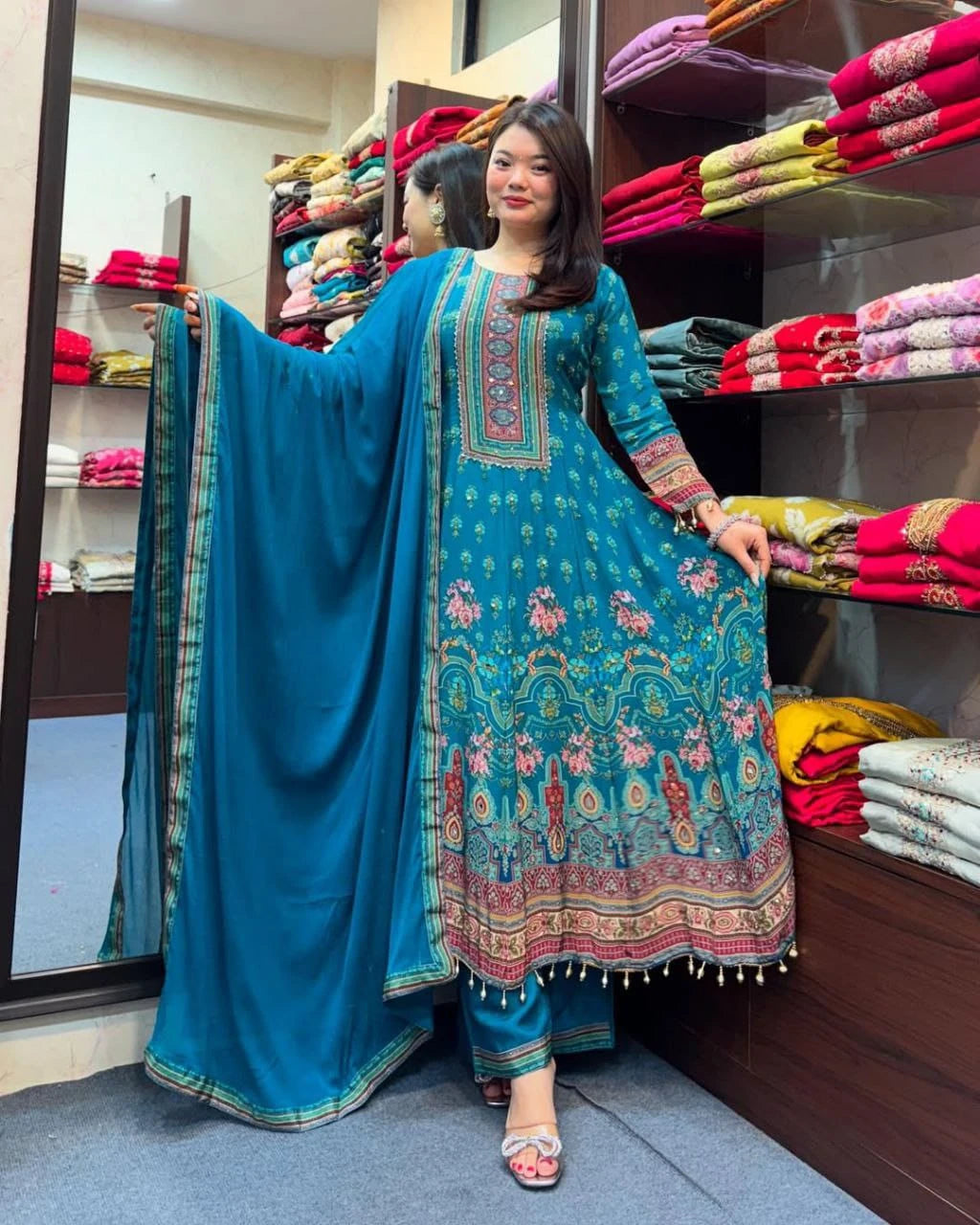Vastra Creation's Rajasthani Full Anarkali Latkan Lace Round Set – 3 Piece