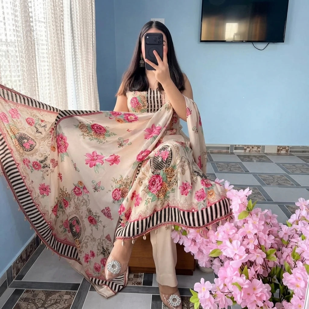 Vastra Creation's New Designer Pure Crepe Silk Mirror Work Top, Pant & Dupatta Set