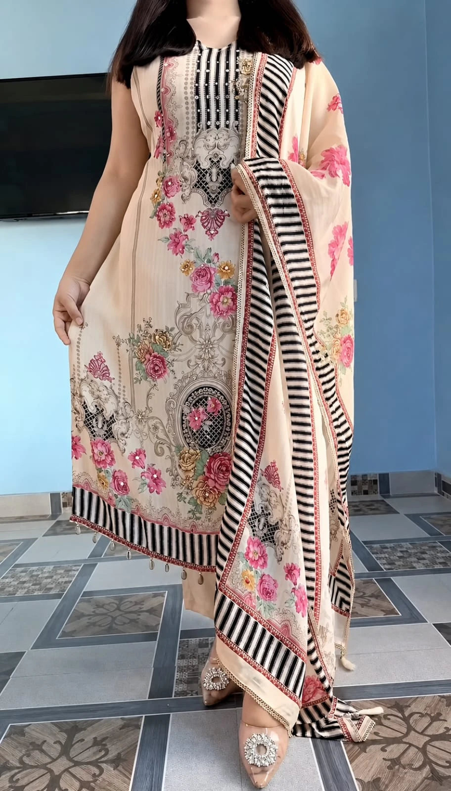 Vastra Creation's New Designer Pure Crepe Silk Mirror Work Top, Pant & Dupatta Set
