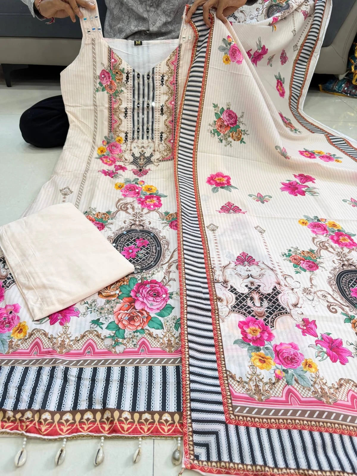 Vastra Creation's New Designer Pure Crepe Silk Mirror Work Top, Pant & Dupatta Set