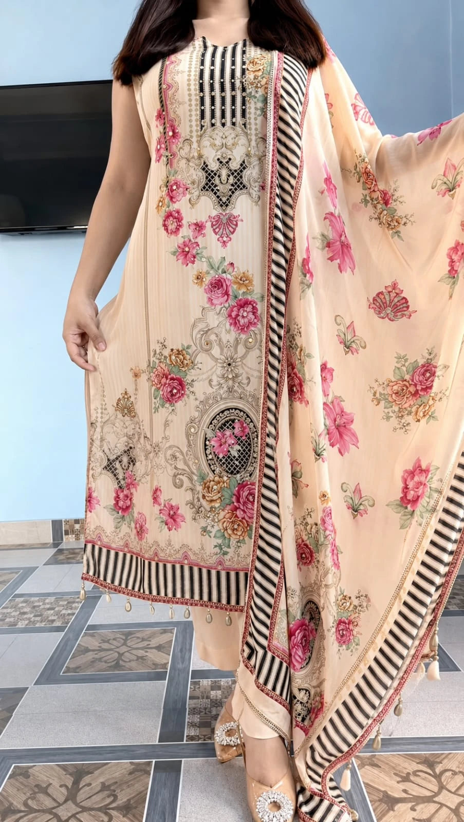 Vastra Creation's New Designer Pure Crepe Silk Mirror Work Top, Pant & Dupatta Set