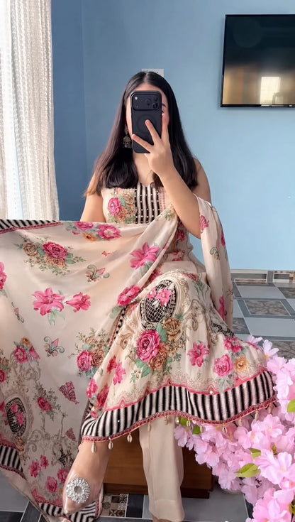 Vastra Creation's New Designer Pure Crepe Silk Mirror Work Top, Pant & Dupatta Set