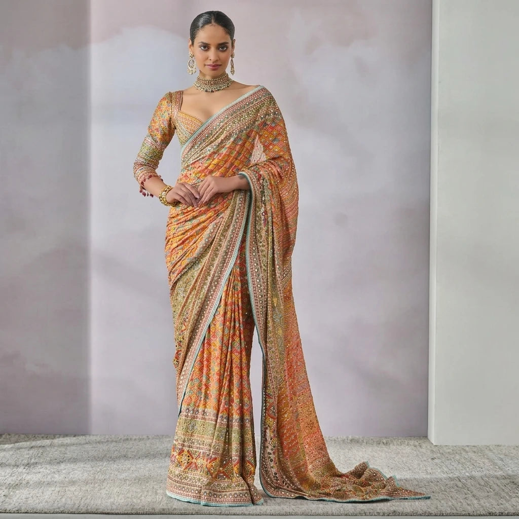 ASN Creats' Premium Chinon Silk Real Mirror Work Saree