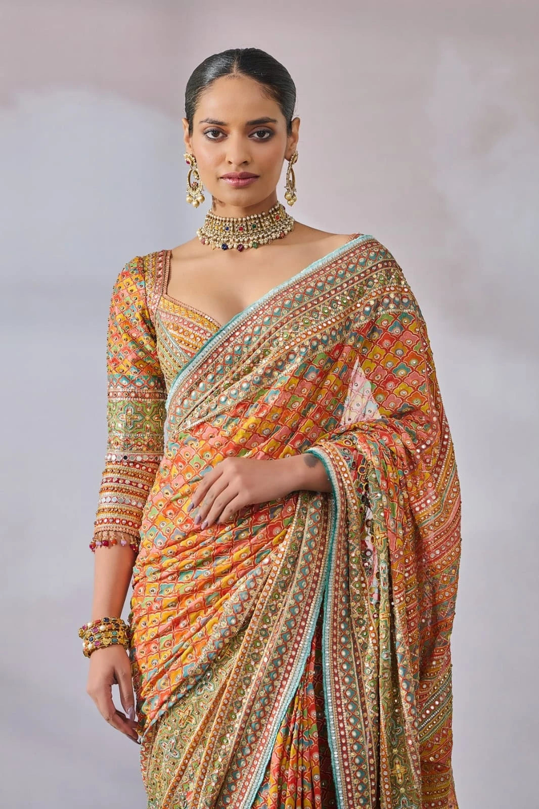 ASN Creats' Premium Chinon Silk Real Mirror Work Saree