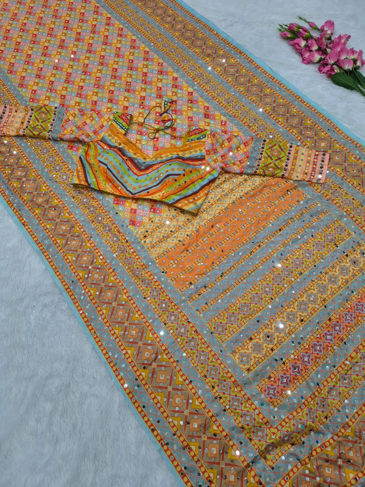 ASN Creats' Premium Chinon Silk Real Mirror Work Saree
