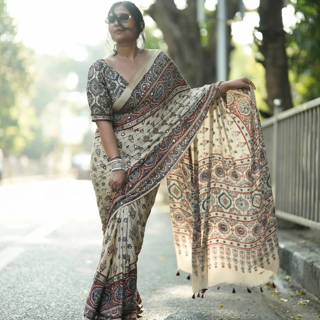 ASN Creats' Premium Chinon Silk Real Mirror Work Saree with Tassels