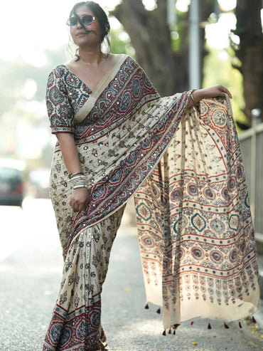 ASN Creats' Premium Chinon Silk Real Mirror Work Saree with Tassels
