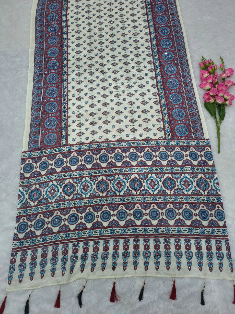 ASN Creats' Premium Chinon Silk Real Mirror Work Saree with Tassels