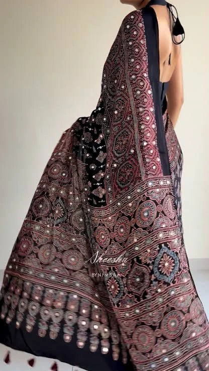 ASN Creats' Premium Chinon Silk Real Mirror Work Saree with Tassels