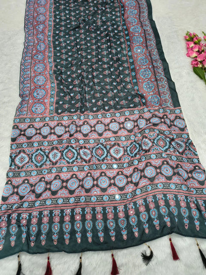 ASN Creats' Premium Chinon Silk Real Mirror Work Saree with Tassels