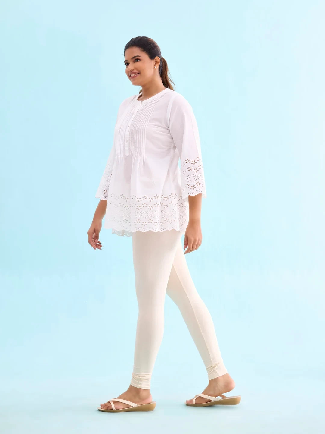 Go Colors Ecru Cotton Stretch Ankle Length Leggings