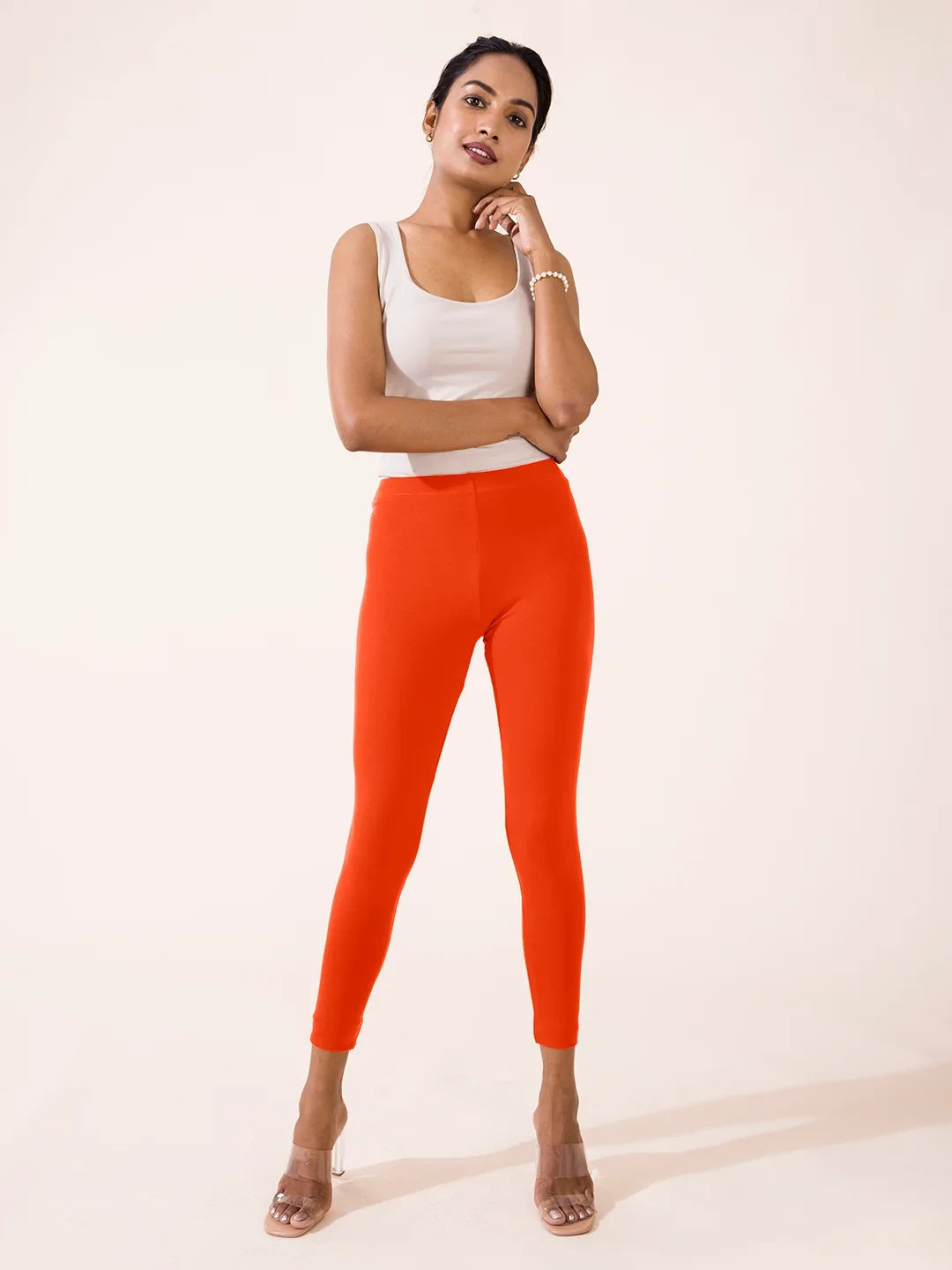 Go Colors Orange Cotton Stretch Ankle Length Leggings