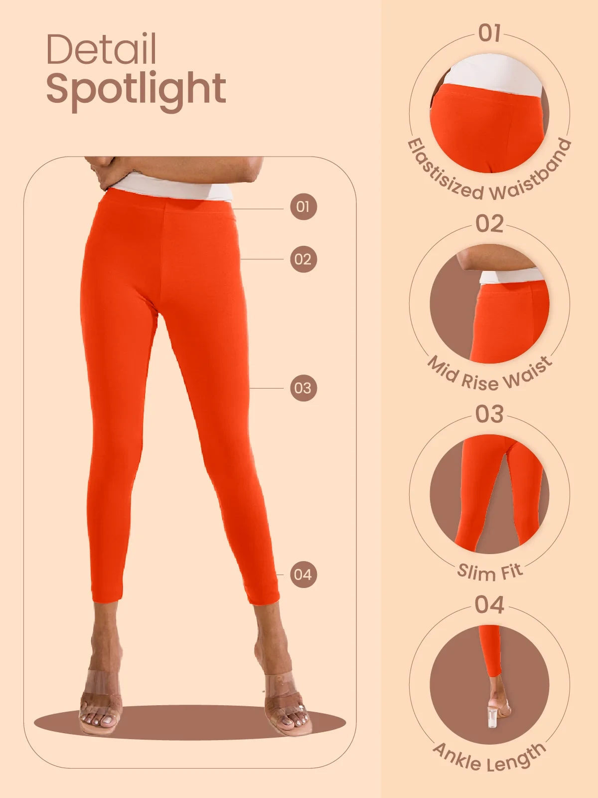 Go Colors Orange Cotton Stretch Ankle Length Leggings