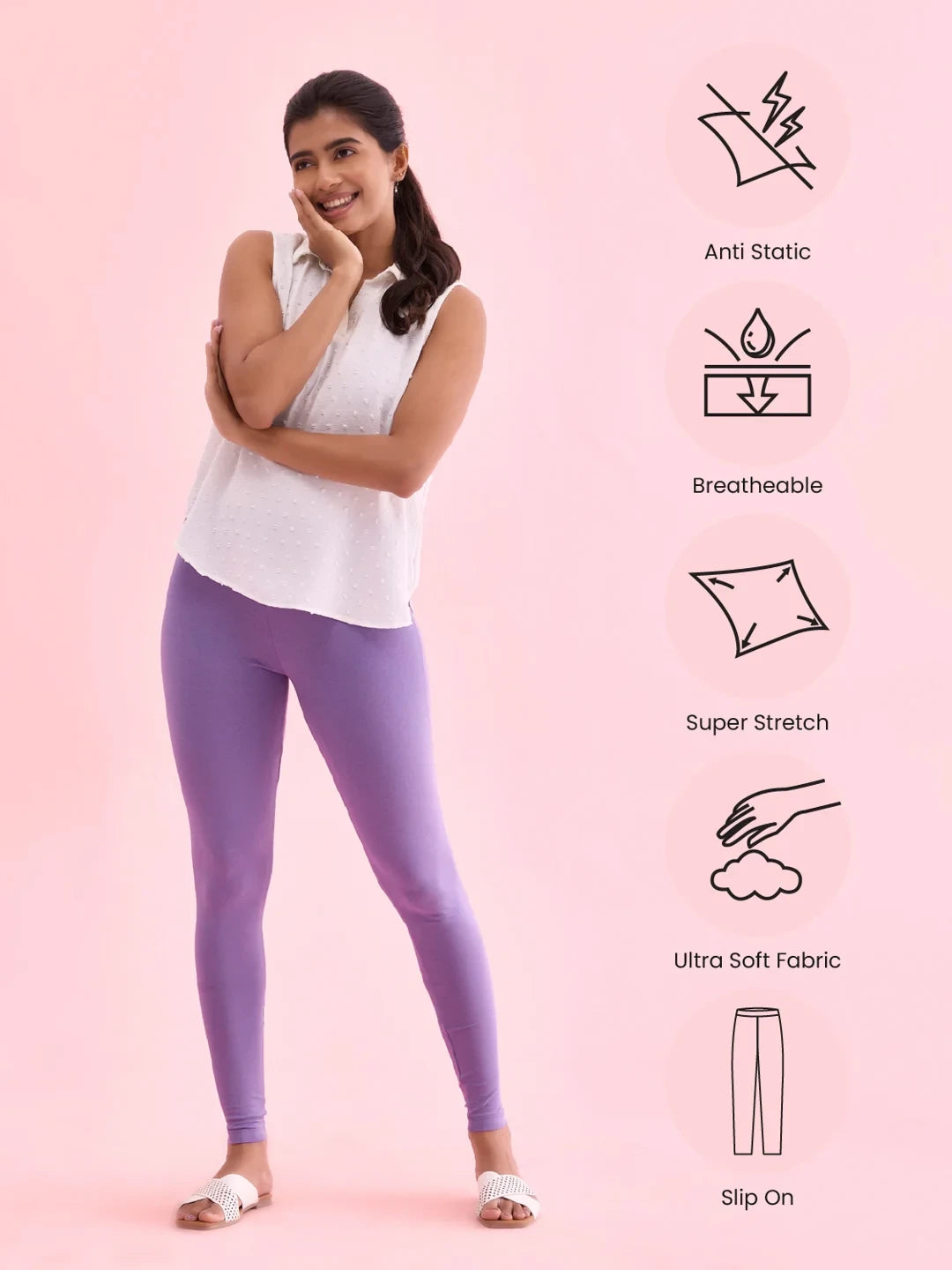 Go Colors Lilac Cotton Stretch Ankle Length Leggings