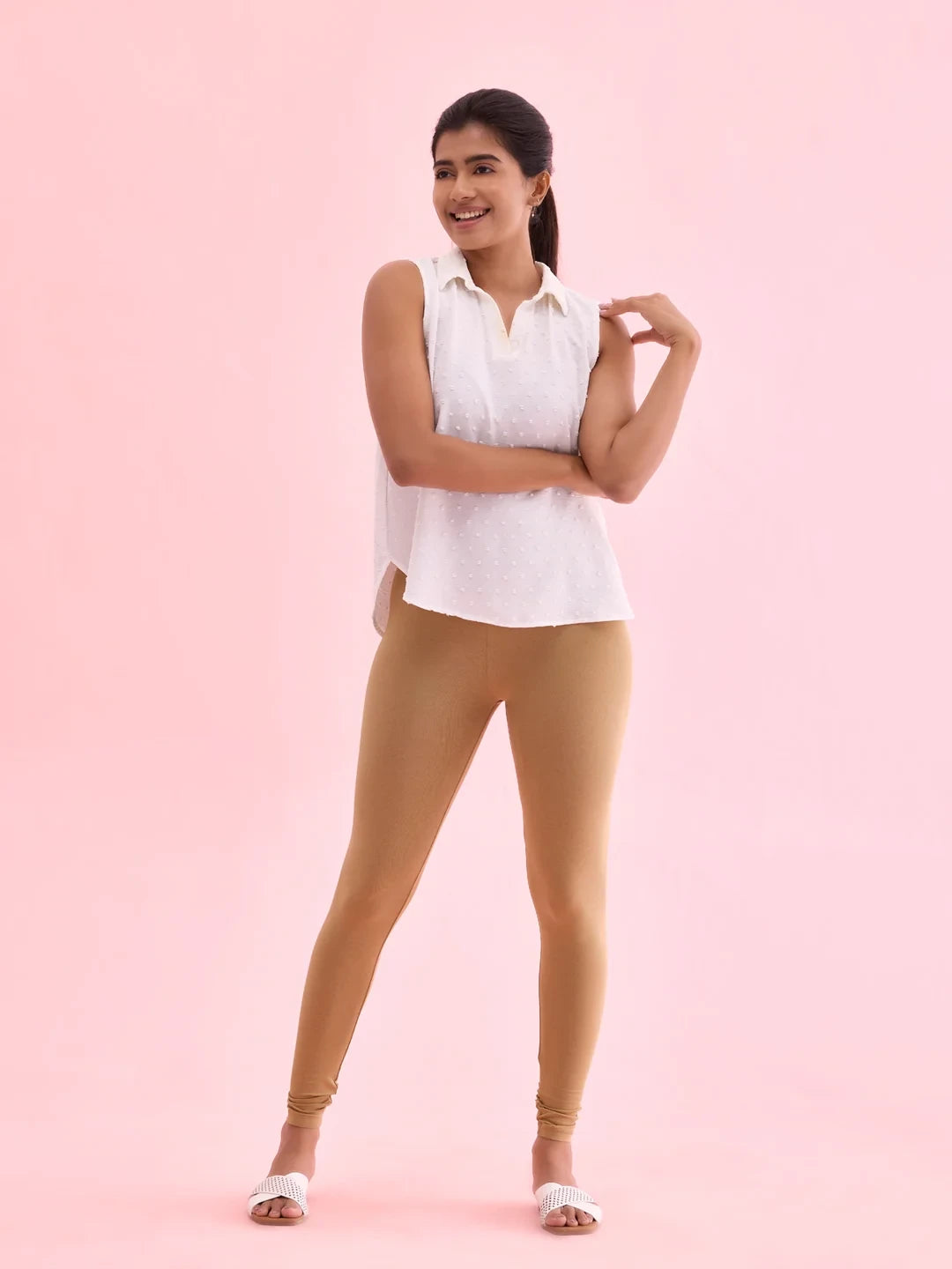 Go Colors Beige Cotton Stretch Ankle Length Leggings