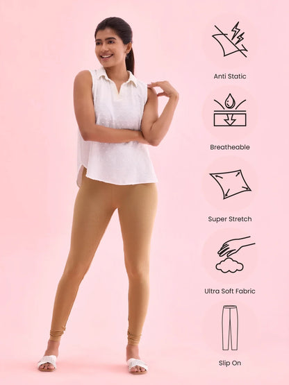 Go Colors Beige Cotton Stretch Ankle Length Leggings