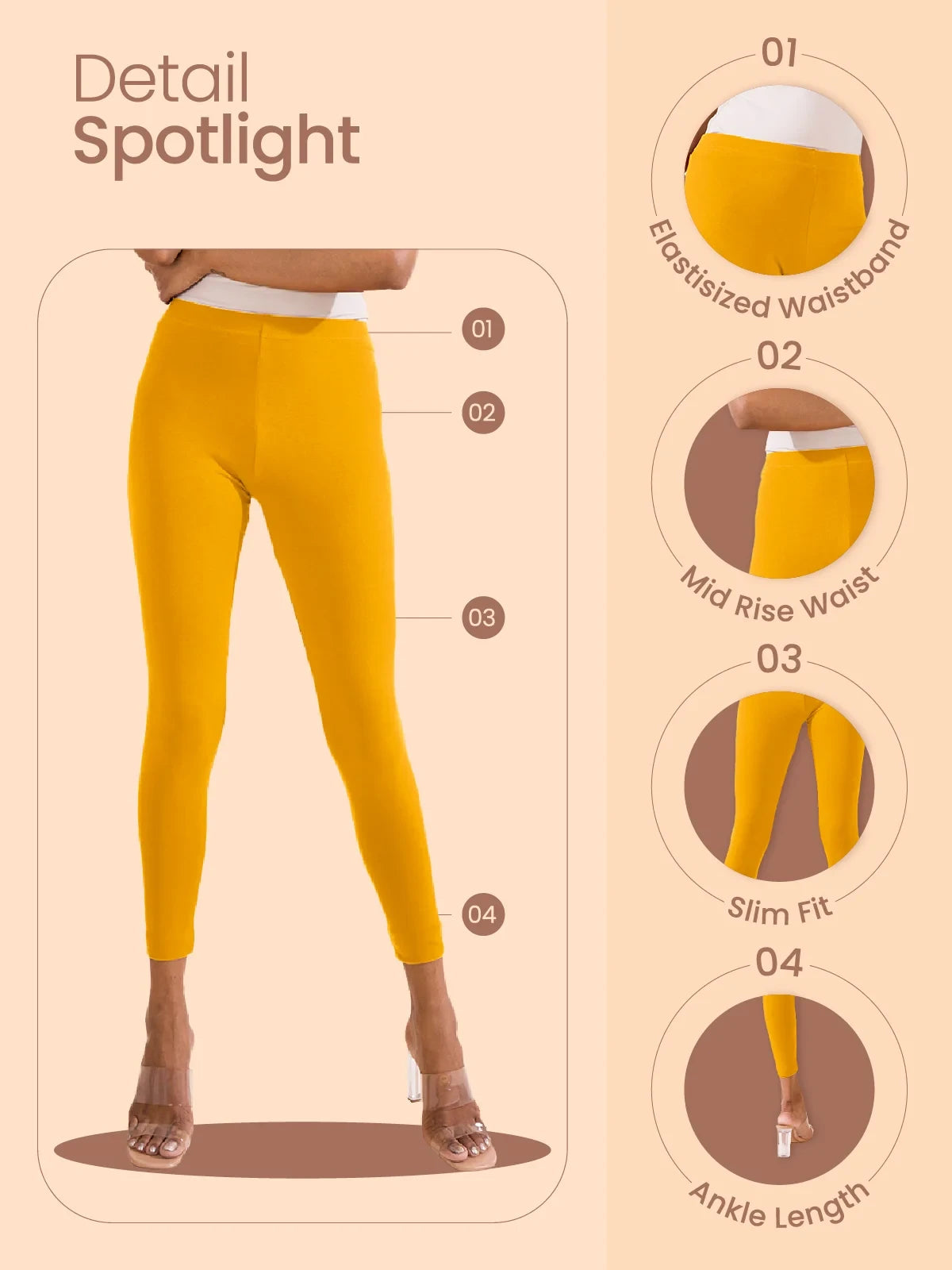 Go Colors Mustard Cotton Stretch Ankle Length Leggings