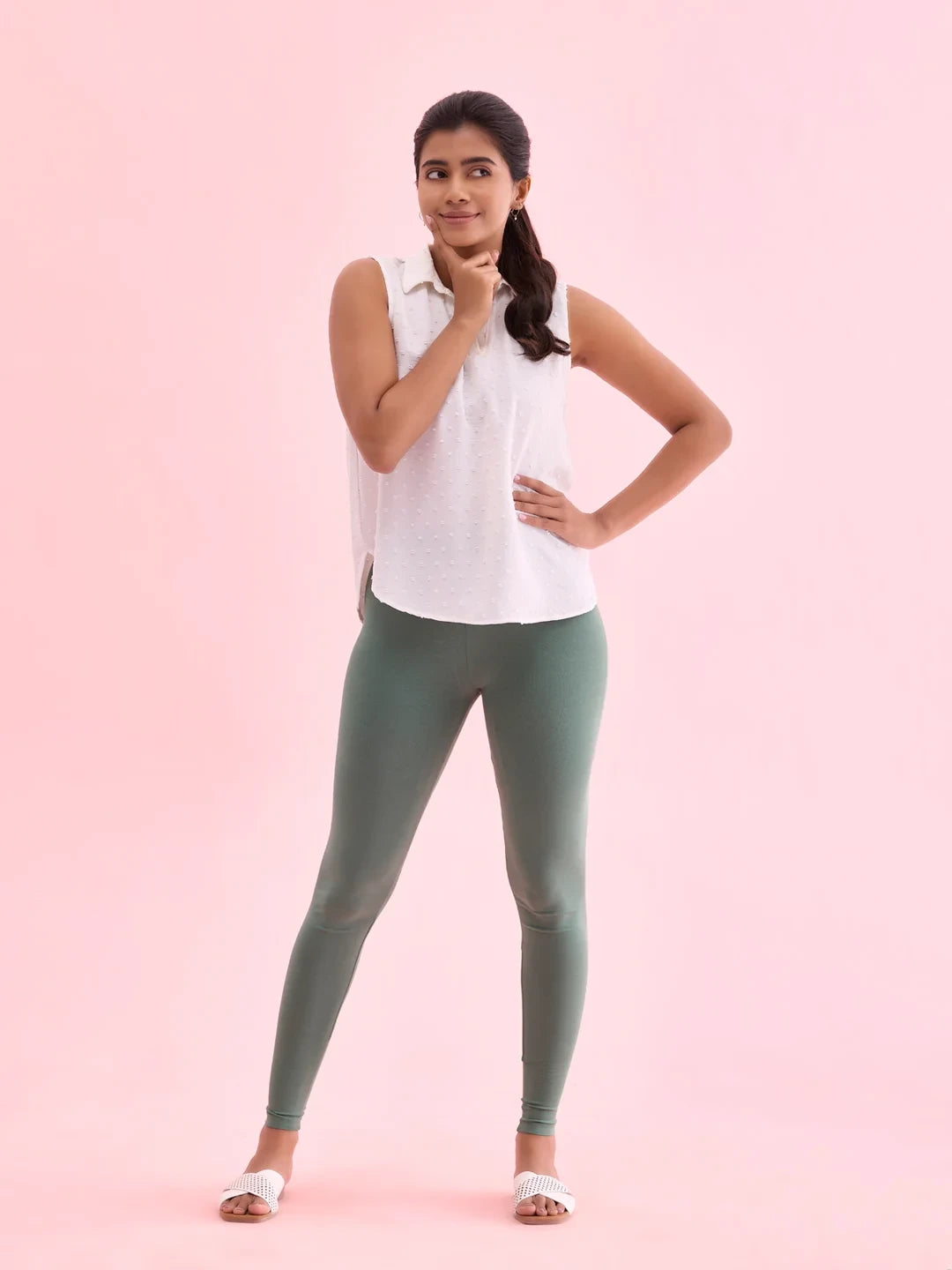 Go Colors Leaf Green Cotton Stretch Ankle Length Leggings
