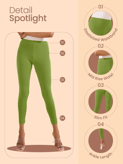 Go Colors Leaf Green Cotton Stretch Ankle Length Leggings