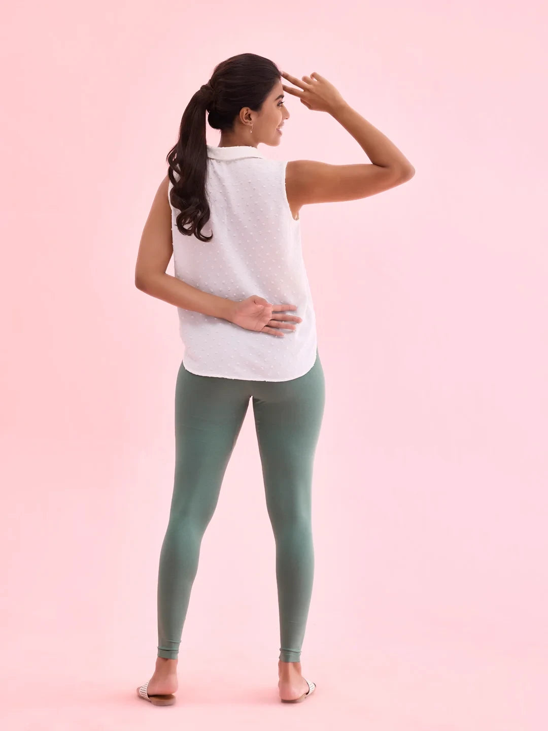 Go Colors Leaf Green Cotton Stretch Ankle Length Leggings