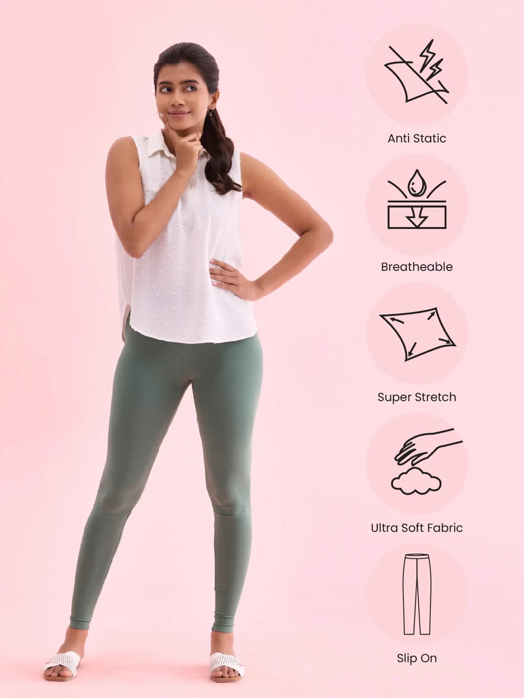 Go Colors Leaf Green Cotton Stretch Ankle Length Leggings