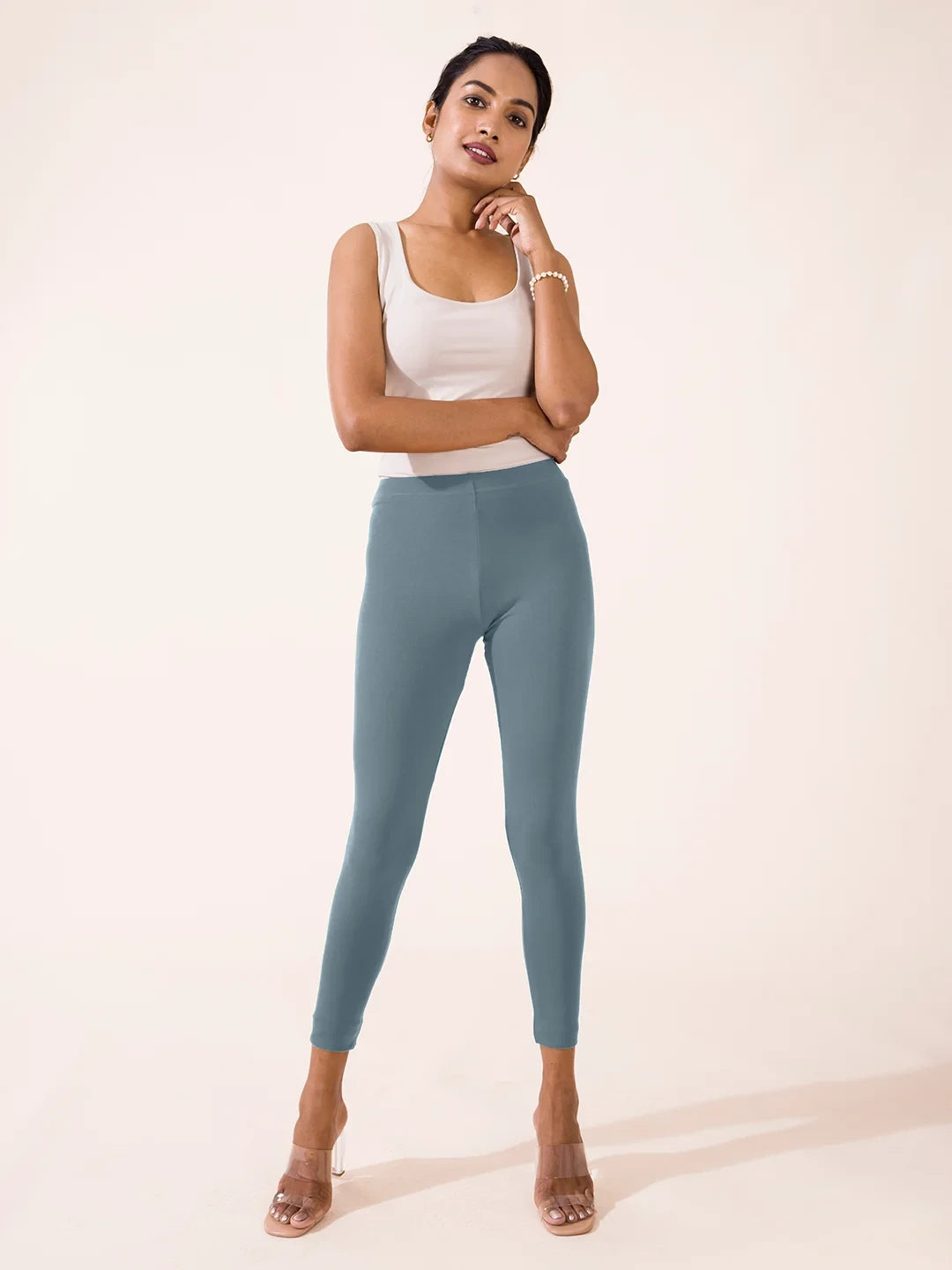 Go Colors Teal Cotton Stretch Ankle Length Leggings