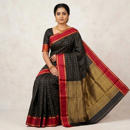 Pure Kanchipuram Handwoven Premium Korvai Pattern Silk Saree - Black