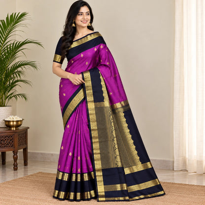 Pure Kanchipuram Handwoven Korvai Bridal Silk Saree – Elegant Purple