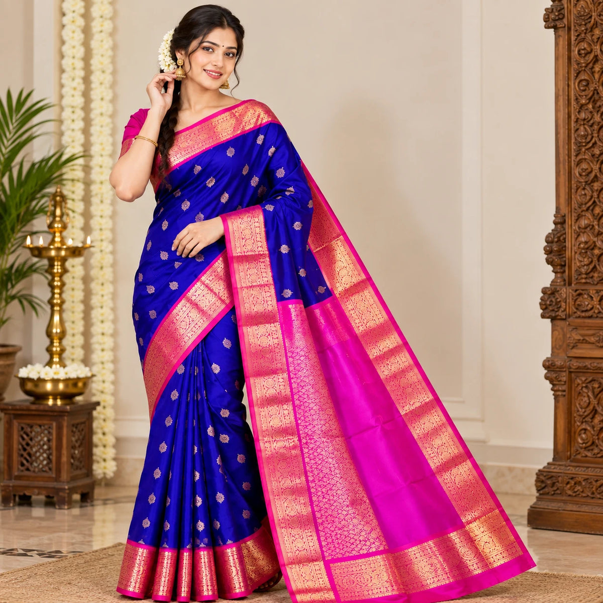 Pure Kanchipuram Handwoven Korvai Bridal Silk Saree – Blue