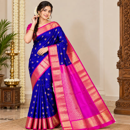 Pure Kanchipuram Handwoven Korvai Bridal Silk Saree – Blue