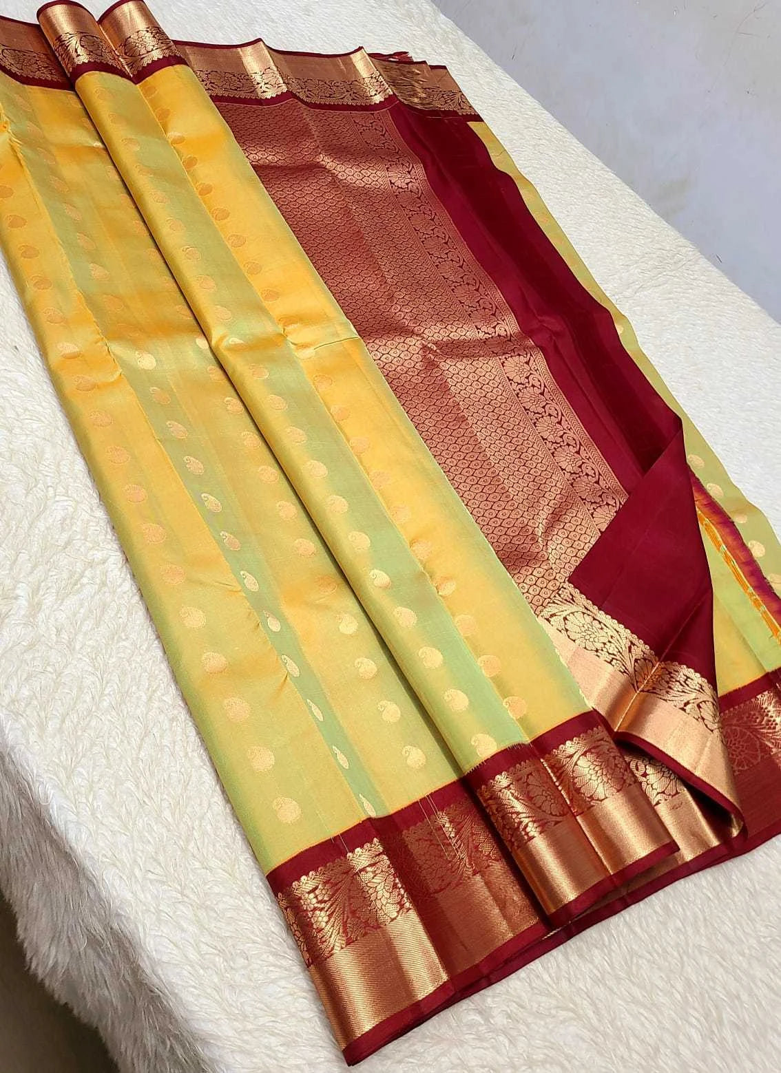 Pure Kanchipuram Handwoven Korvai Bridal Silk Saree – Yellow