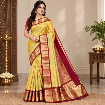 Pure Kanchipuram Handwoven Korvai Bridal Silk Saree – Yellow
