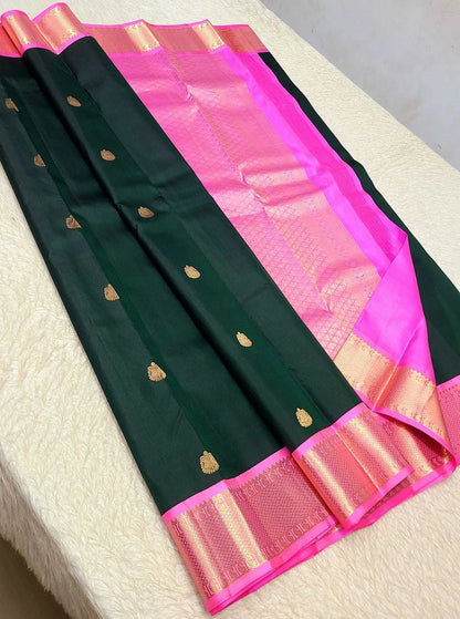 Pure Kanchipuram Handwoven Korvai Bridal Silk Saree – Bottle Green