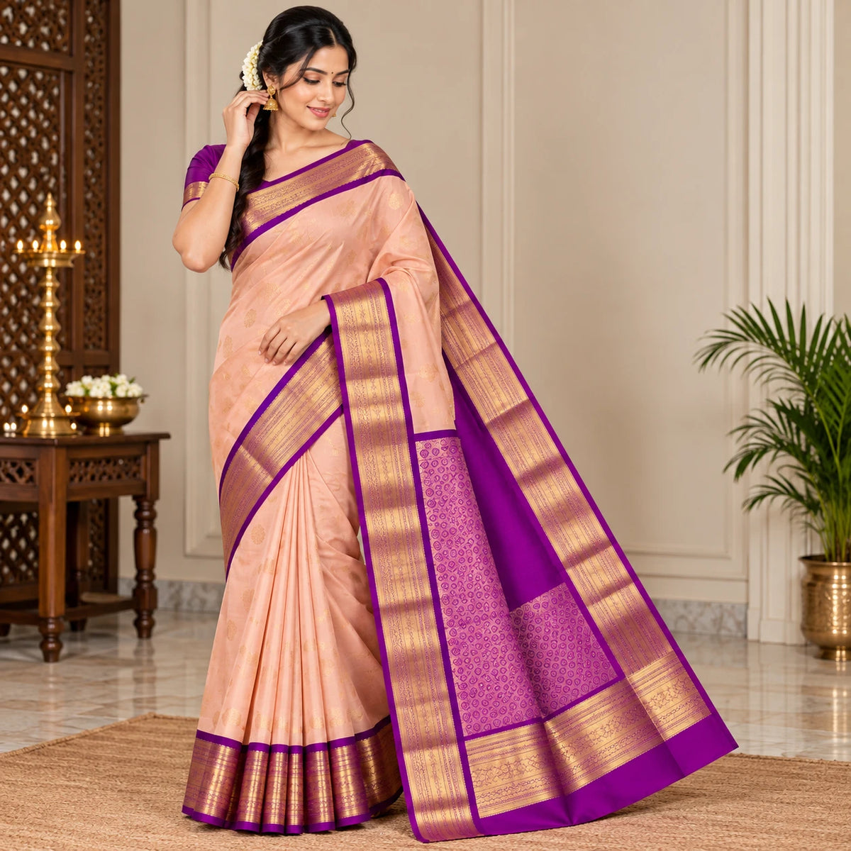 Pure Kanchipuram Handwoven Korvai Bridal Silk Saree – Pink