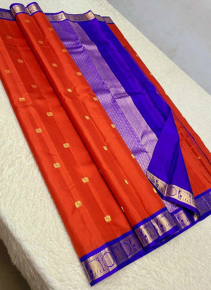 Pure Kanchipuram Handwoven Korvai Bridal Silk Saree – Saffron