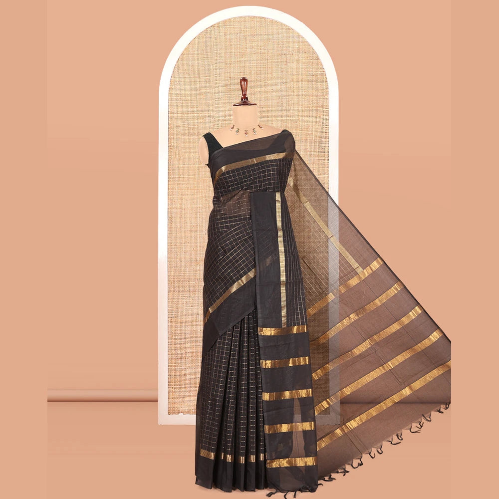 Pothys Black Chettinad Cotton Saree, Detailed with Checks, a Kaal Eragina Border, Striped Pallu, a Matching Blouse