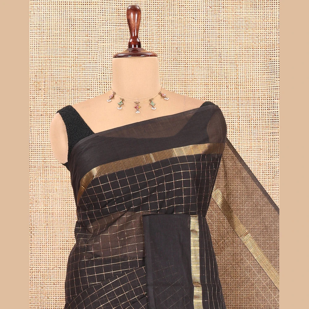 Pothys Black Chettinad Cotton Saree, Detailed with Checks, a Kaal Eragina Border, Striped Pallu, a Matching Blouse