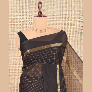 Pothys Black Chettinad Cotton Saree, Detailed with Checks, a Kaal Eragina Border, Striped Pallu, a Matching Blouse