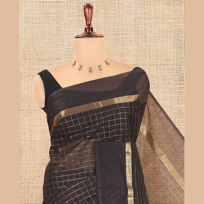 Pothys Black Chettinad Cotton Saree, Detailed with Checks, a Kaal Eragina Border, Striped Pallu, a Matching Blouse
