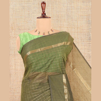 Pothys Green Chettinad Cotton Saree, Embellished with Checks, a Kaal Eragina Border, Striped Pallu, a Matching Blouse