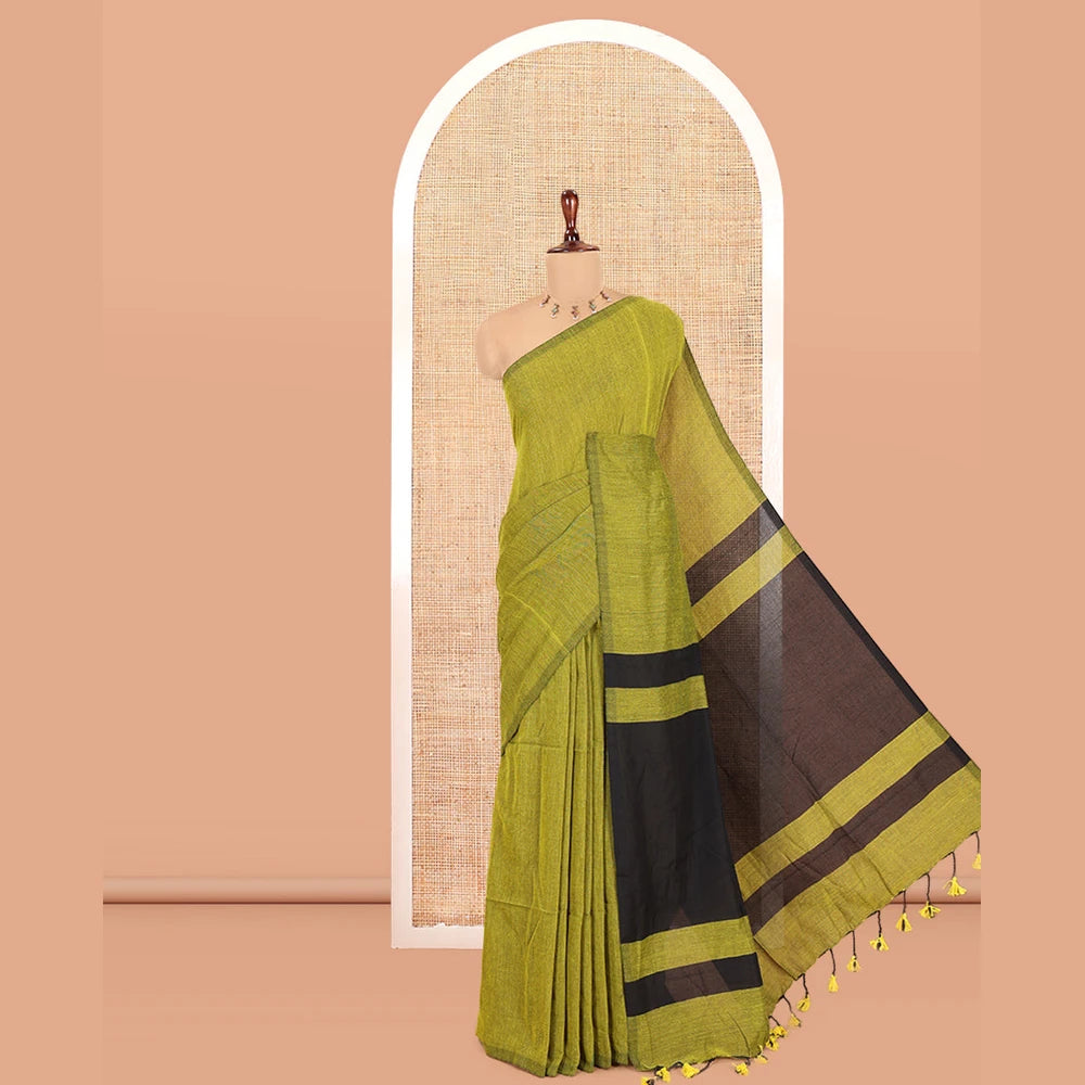 Pothys Borderless Yellow-Green Plain Khadi Cotton Saree, Contrast Pallu of Stripes, No Blouse