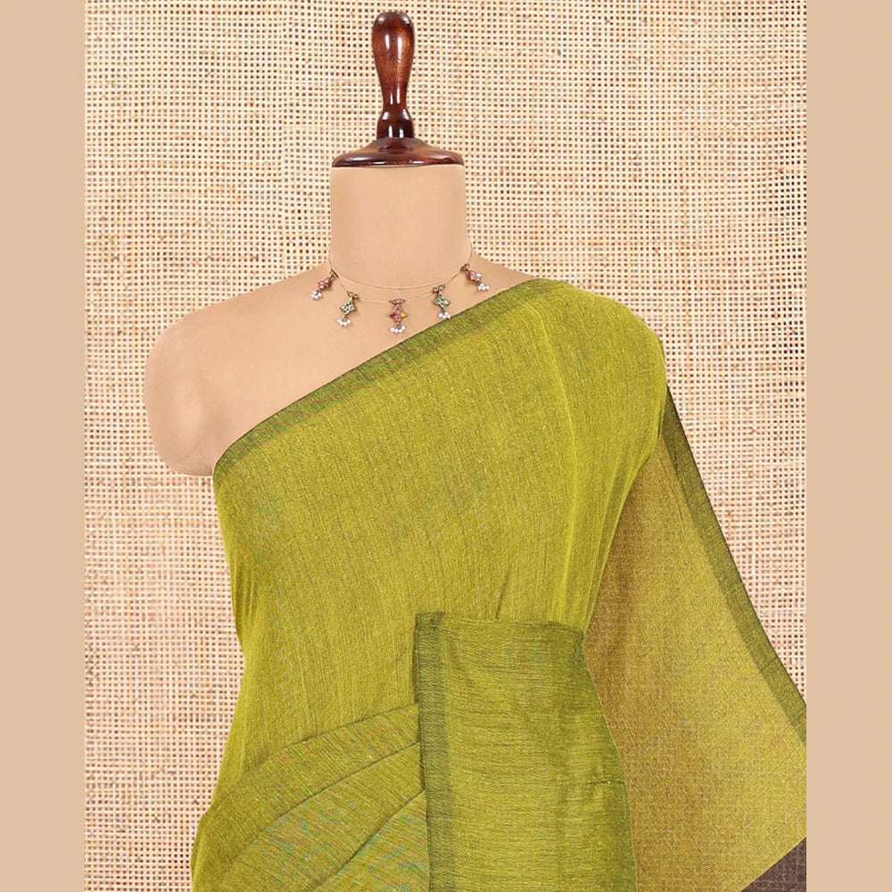 Pothys Borderless Yellow-Green Plain Khadi Cotton Saree, Contrast Pallu of Stripes, No Blouse