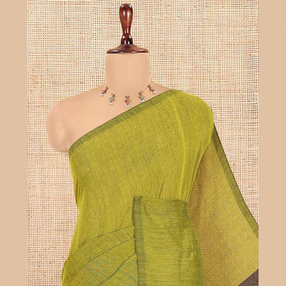 Pothys Borderless Yellow-Green Plain Khadi Cotton Saree, Contrast Pallu of Stripes, No Blouse