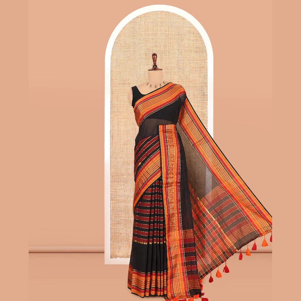 Pothys Black Striped Khadi Mul Cotton Saree, a Contrast Zari Striped Horizontal Border, and No Blouse
