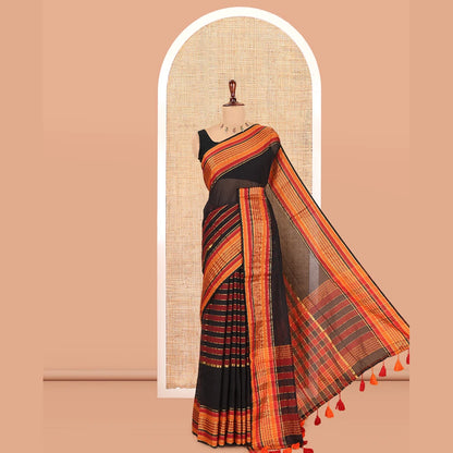 Pothys Black Striped Khadi Mul Cotton Saree, a Contrast Zari Striped Horizontal Border, and No Blouse