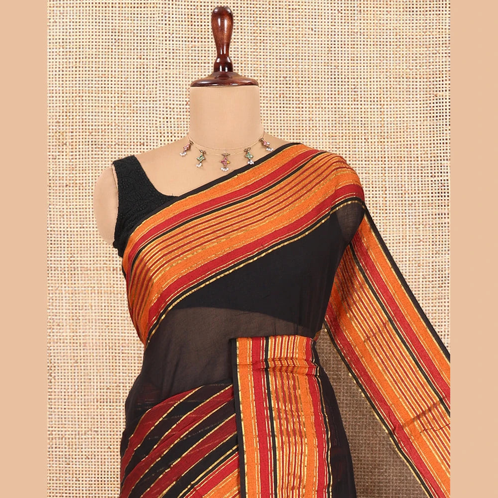 Pothys Black Striped Khadi Mul Cotton Saree, a Contrast Zari Striped Horizontal Border, and No Blouse